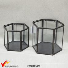 Vintage Hexagonal Clear Glass & Metal Lantern